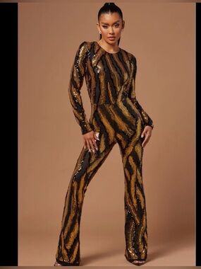 Sequin Tiger-Stripe Jumpsuit in Black and Gold